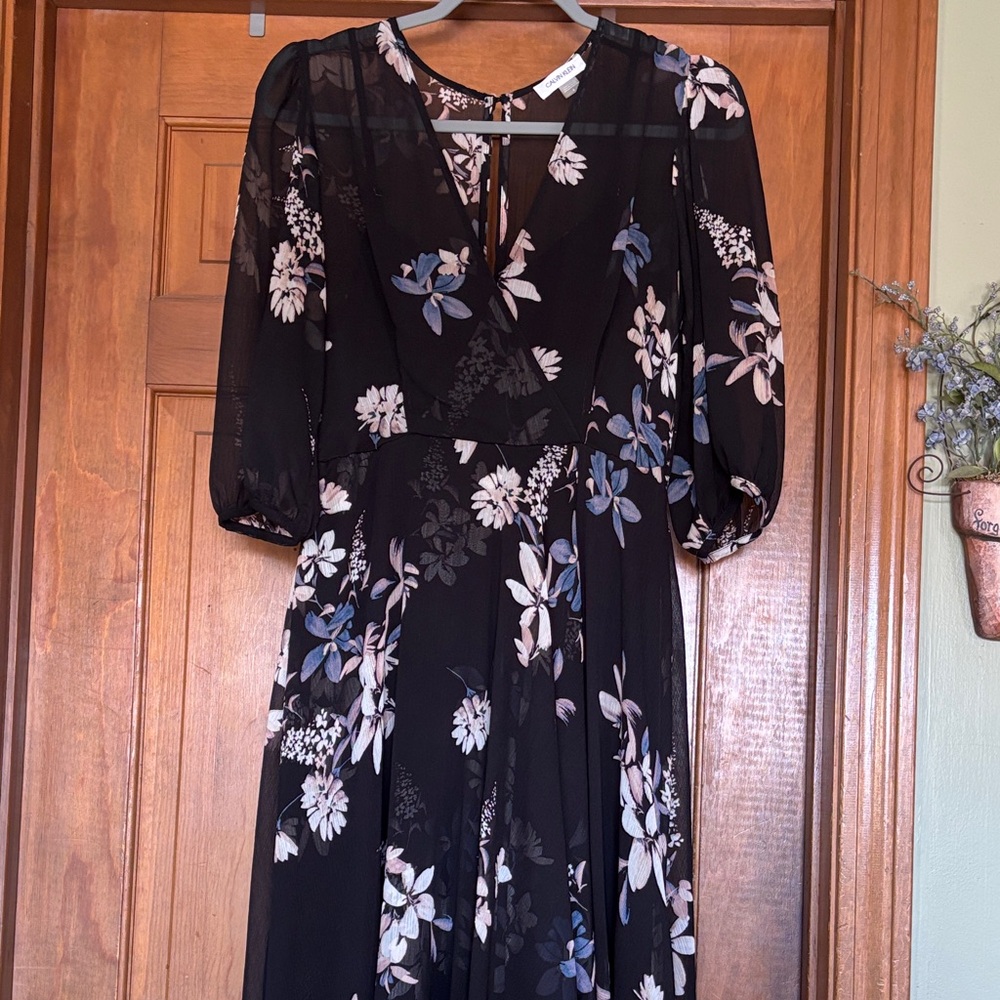 Calvin Klein Black Floral High Low Dress with 3/4 Sleeves